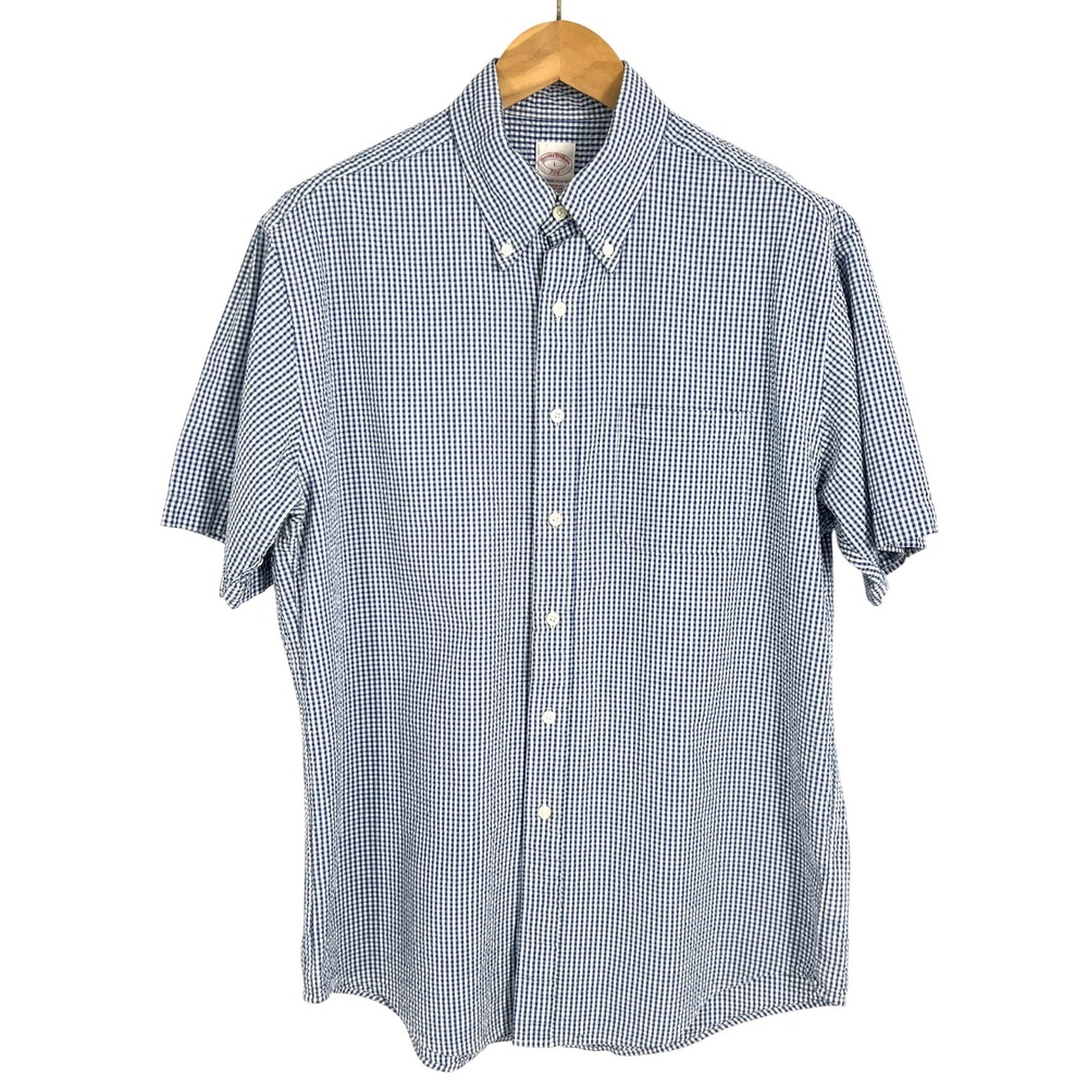 Brooks Brothers 346 Mens Large Blue Gingham Seersucker Short Sleeve Shirt